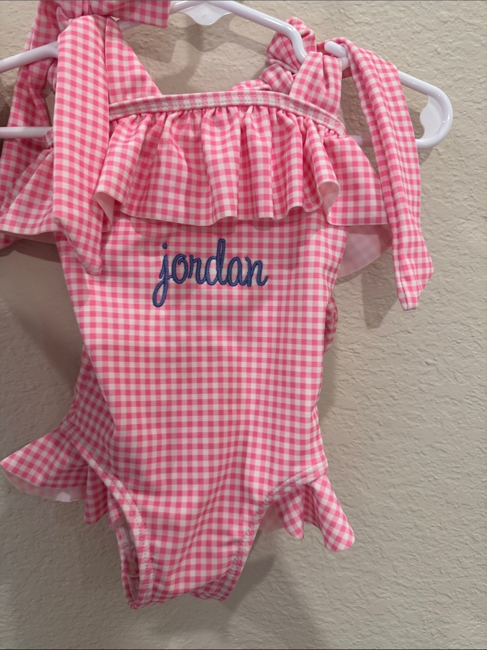 Cecil and Lou Personalized Pink Gingham One-Piece Swimsuit with Ruffle Trim